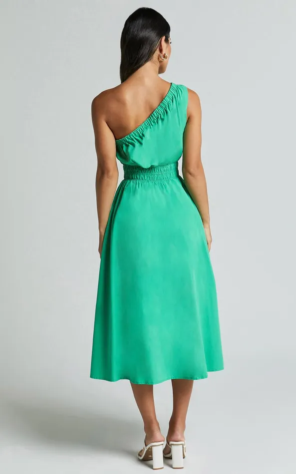 Showpo Yulia Midi Dress 8211 One Shoulder Shirred Waist Dress In Green Women Dresses
