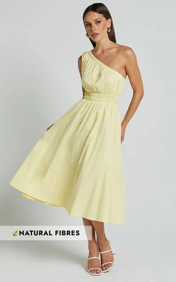 Showpo Yulia Midi Dress 8211 One Shoulder Shirred Waist Dress In Lemon Women Dresses Showpo Yulia Midi Dress 8211 One Shoulder Shirred Waist Dress In Lemon Women Dresses