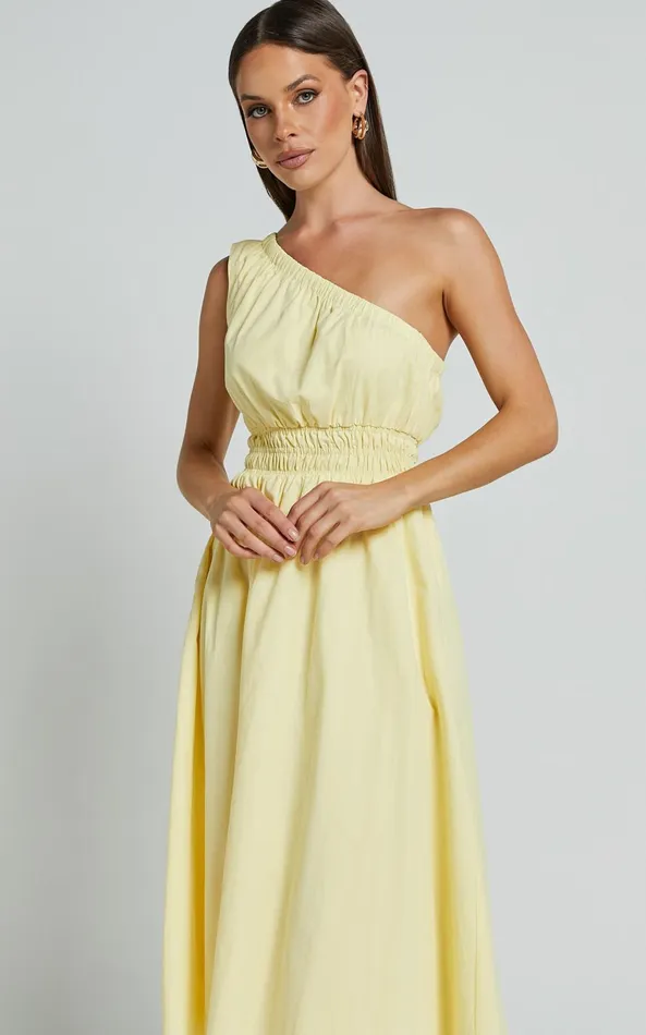 Showpo Yulia Midi Dress 8211 One Shoulder Shirred Waist Dress In Lemon Women Dresses