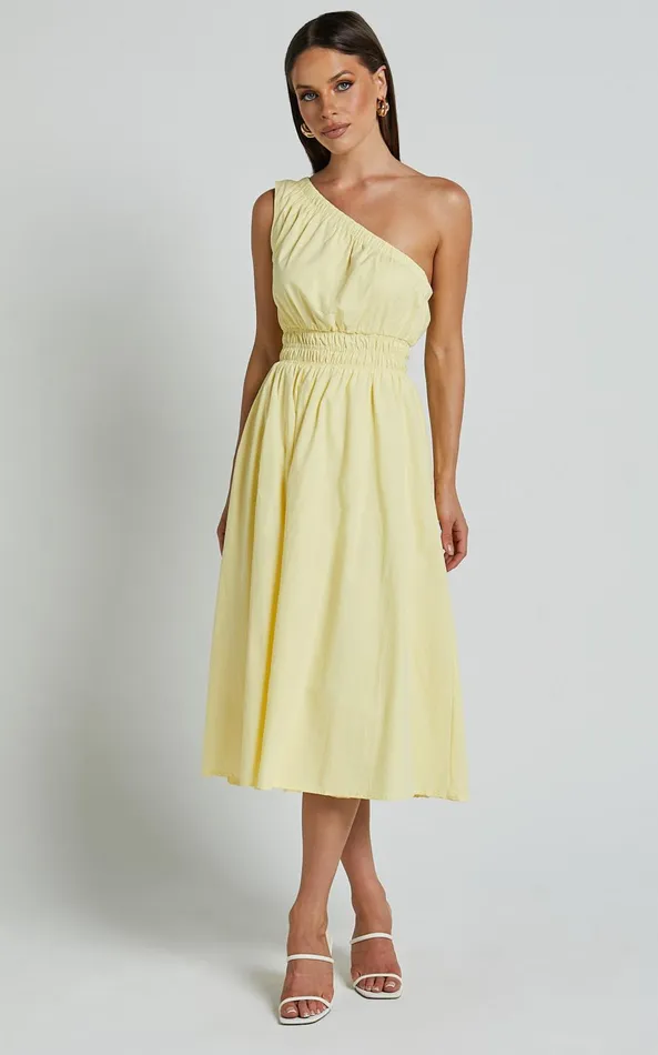 Showpo Yulia Midi Dress 8211 One Shoulder Shirred Waist Dress In Lemon Women Dresses