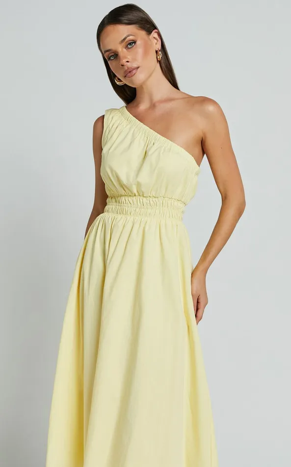 Showpo Yulia Midi Dress 8211 One Shoulder Shirred Waist Dress In Lemon Women Dresses