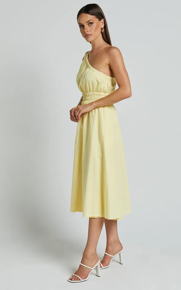 Showpo Yulia Midi Dress 8211 One Shoulder Shirred Waist Dress In Lemon Women Dresses