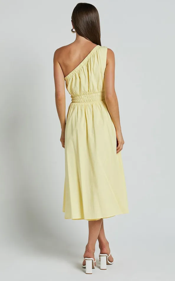 Showpo Yulia Midi Dress 8211 One Shoulder Shirred Waist Dress In Lemon Women Dresses