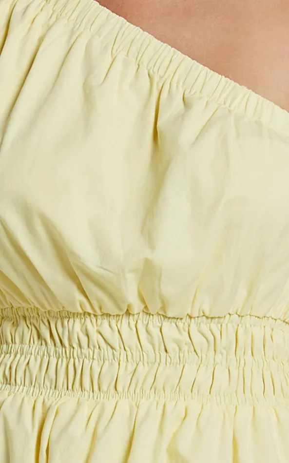 Showpo Yulia Midi Dress 8211 One Shoulder Shirred Waist Dress In Lemon Women Dresses