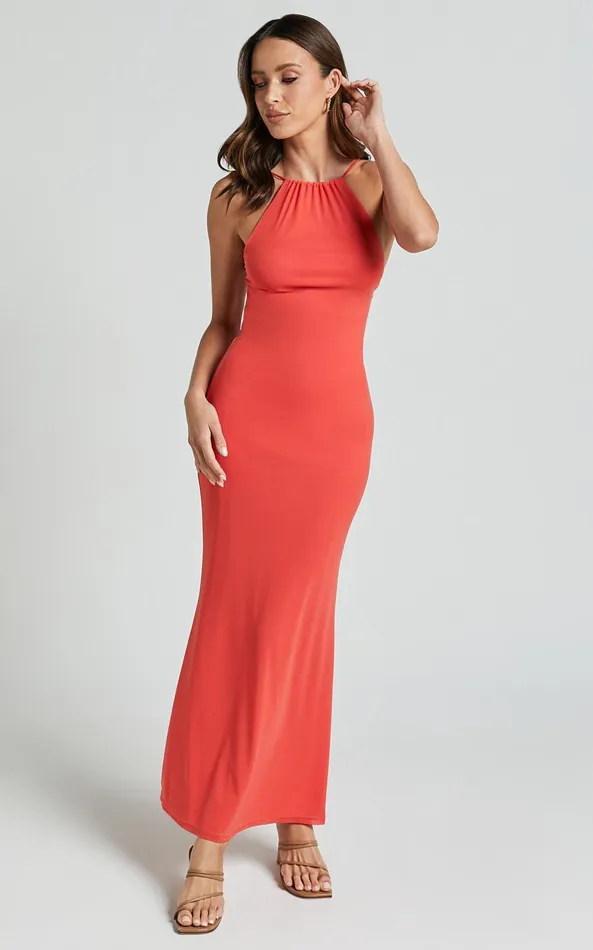 Showpo Yuri Midi Dress 8211 High Neck Sleeveless Mermaid Dress In Coral Women Dresses
