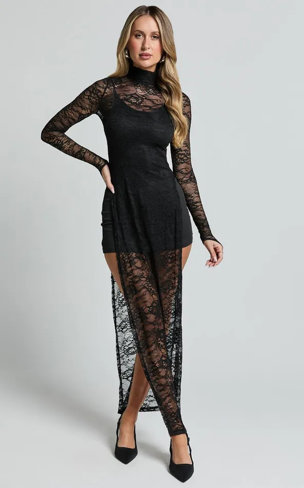 Showpo Yvette Midi Dress 8211 High Neck Long Sleeve Slip Dress In Black Women Dresses