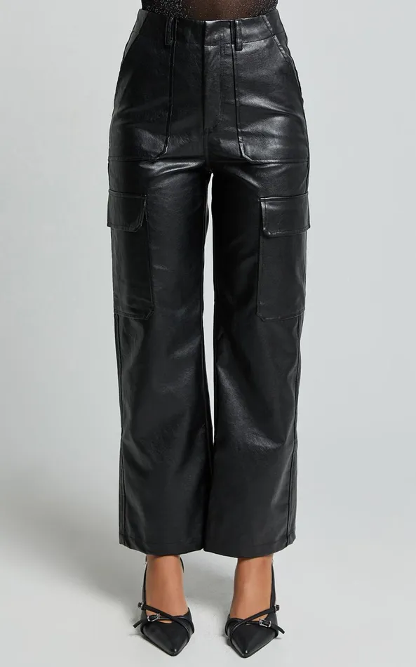 Showpo Yvette Pants 8211 High Waist Faux Leather Cargo Pants In Black Women Pants