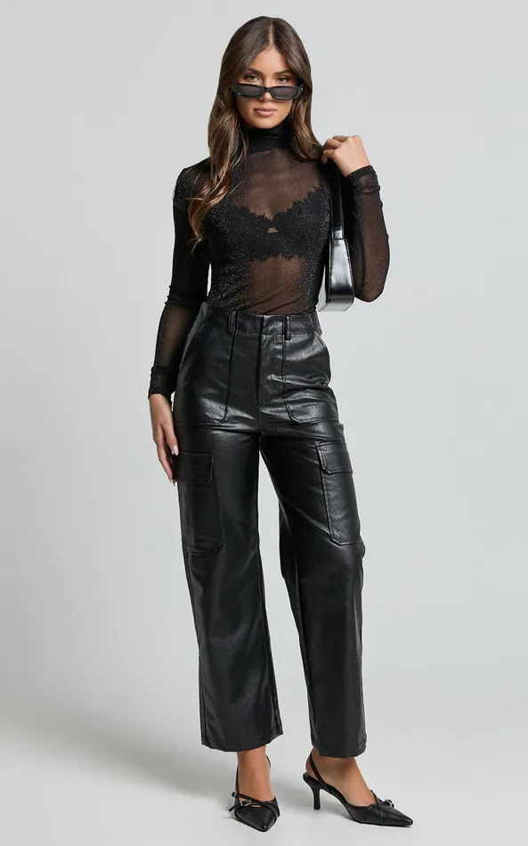 Showpo Yvette Pants 8211 High Waist Faux Leather Cargo Pants In Black Women Pants