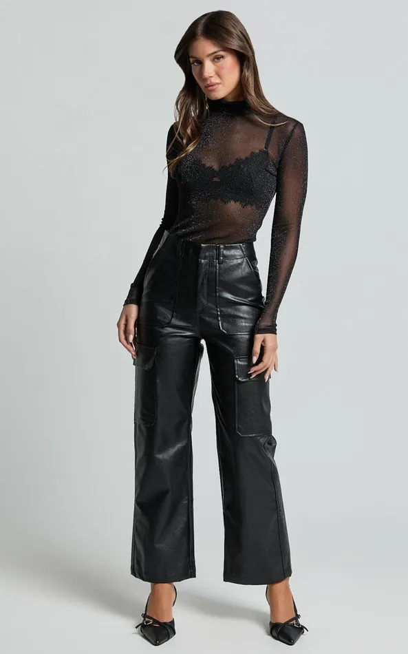 Showpo Yvette Pants 8211 High Waist Faux Leather Cargo Pants In Black Women Pants