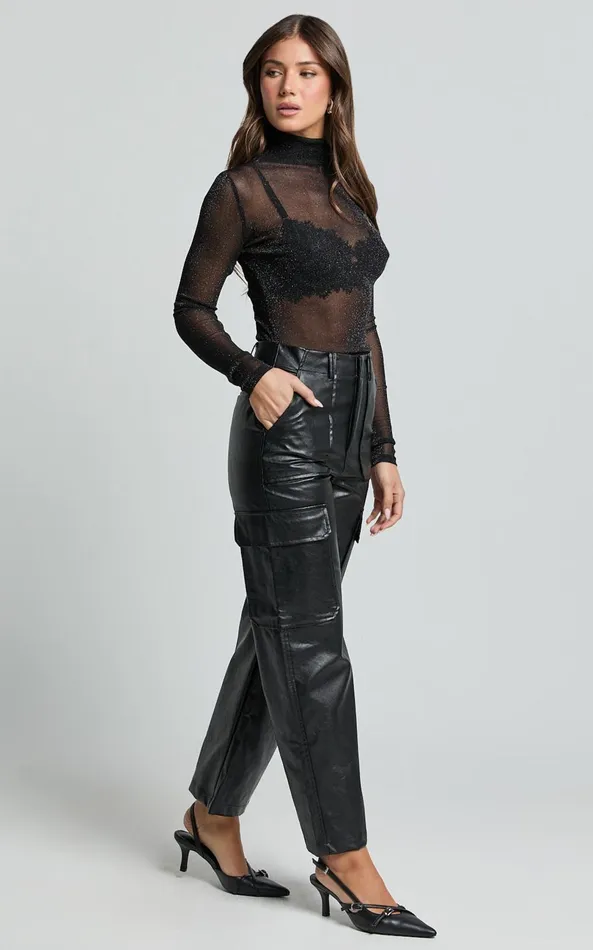 Showpo Yvette Pants 8211 High Waist Faux Leather Cargo Pants In Black Women Pants