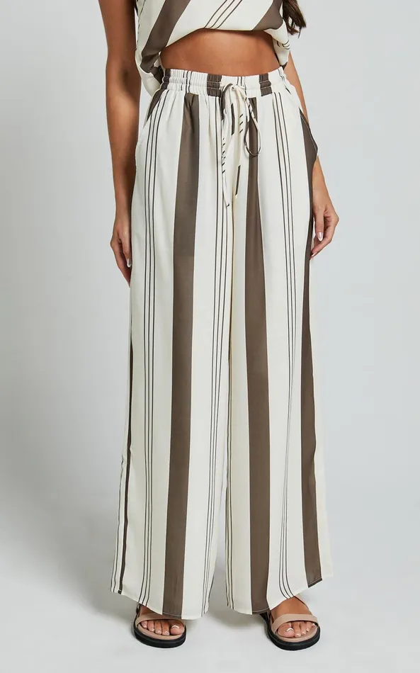 Showpo Zahara Pants 8211 High Waisted Relaxed Wide Leg Pants In Choc Stripe Women Pants