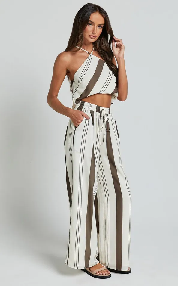 Showpo Zahara Pants 8211 High Waisted Relaxed Wide Leg Pants In Choc Stripe Women Pants