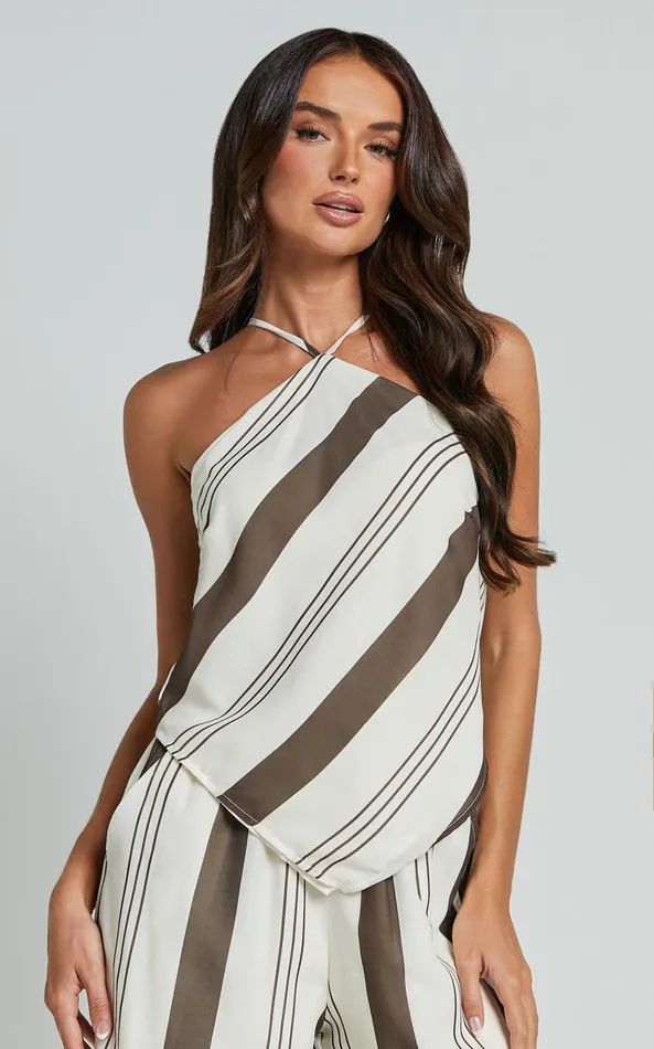 Showpo Zahara Top 8211 Diamond Halter Neck Top In Choc Stripe Women Tops