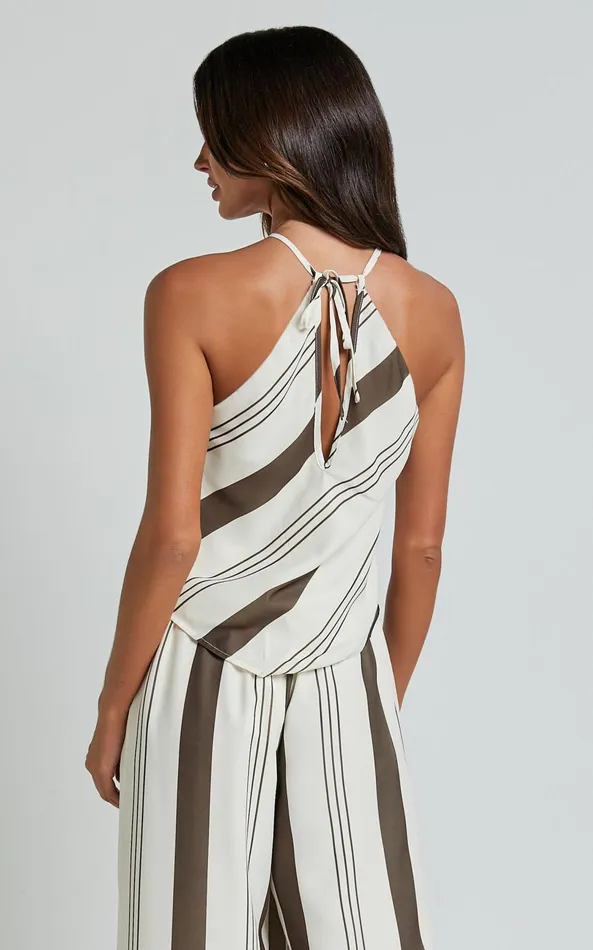 Showpo Zahara Top 8211 Diamond Halter Neck Top In Choc Stripe Women Tops