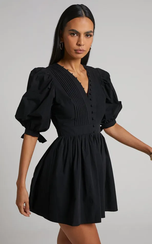 Showpo Zandra Mini Dress 8211 Puff Sleeve Poplin Dress In Black Women Curve Clothes