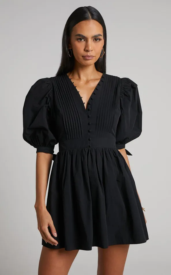Showpo Zandra Mini Dress 8211 Puff Sleeve Poplin Dress In Black Women Curve Clothes