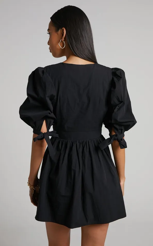 Showpo Zandra Mini Dress 8211 Puff Sleeve Poplin Dress In Black Women Curve Clothes