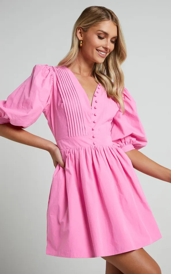 Showpo Zandra Mini Dress 8211 Puff Sleeve Poplin Dress In ICE PINK Women Curve Clothes Showpo Zandra Mini Dress 8211 Puff Sleeve Poplin Dress In ICE PINK Women Curve Clothes