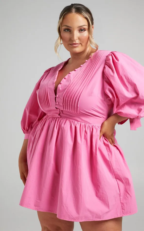 Showpo Zandra Mini Dress 8211 Puff Sleeve Poplin Dress In ICE PINK Women Curve Clothes