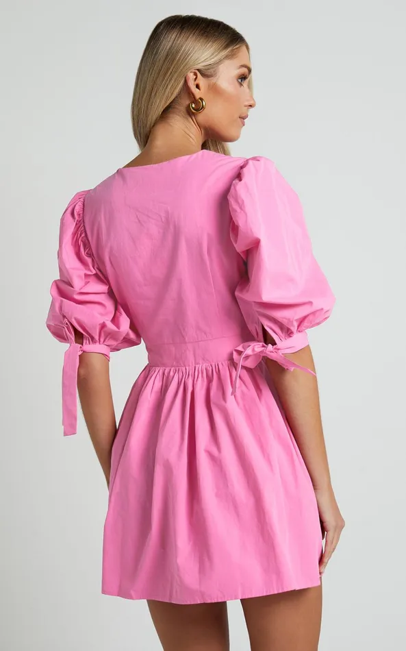 Showpo Zandra Mini Dress 8211 Puff Sleeve Poplin Dress In ICE PINK Women Curve Clothes
