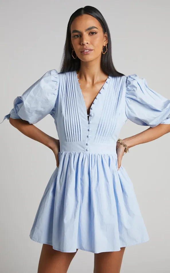 Showpo Zandra Mini Dress 8211 Puff Sleeve Poplin Dress In Icy Blue Women Curve Clothes