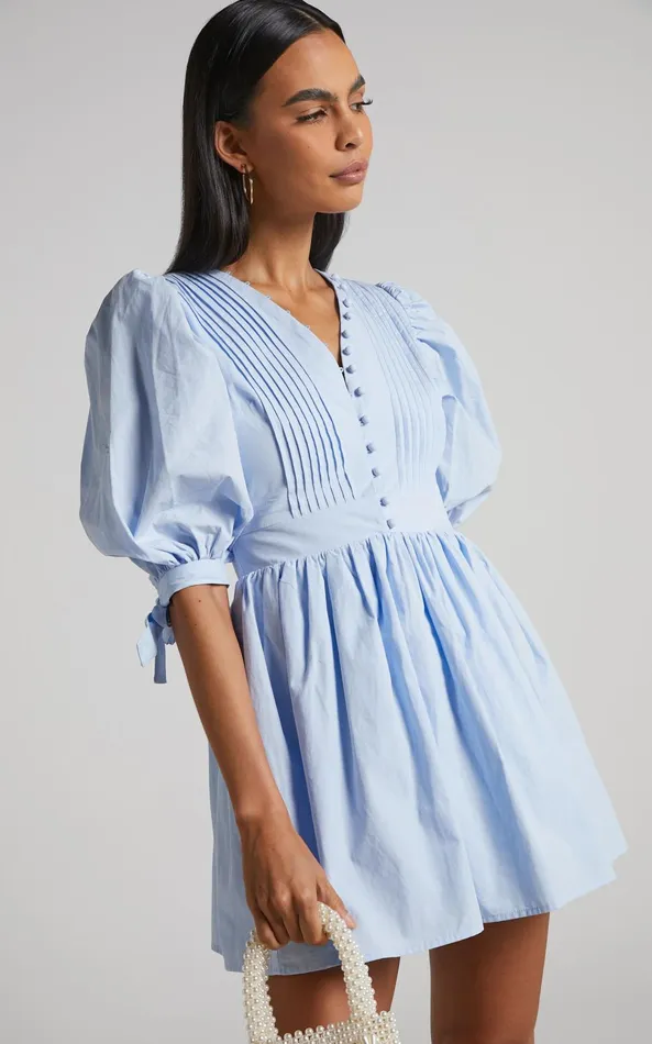 Showpo Zandra Mini Dress 8211 Puff Sleeve Poplin Dress In Icy Blue Women Curve Clothes