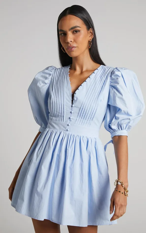 Showpo Zandra Mini Dress 8211 Puff Sleeve Poplin Dress In Icy Blue Women Curve Clothes