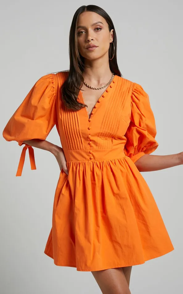 Showpo Zandra Mini Dress 8211 Puff Sleeve Poplin Dress In Orange Women Curve Clothes Showpo Zandra Mini Dress 8211 Puff Sleeve Poplin Dress In Orange Women Curve Clothes