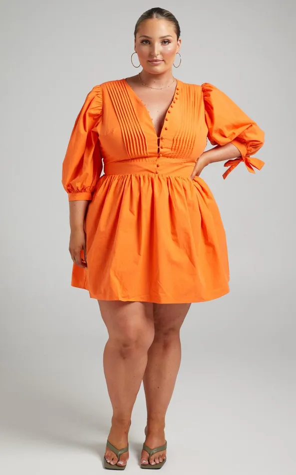 Showpo Zandra Mini Dress 8211 Puff Sleeve Poplin Dress In Orange Women Curve Clothes