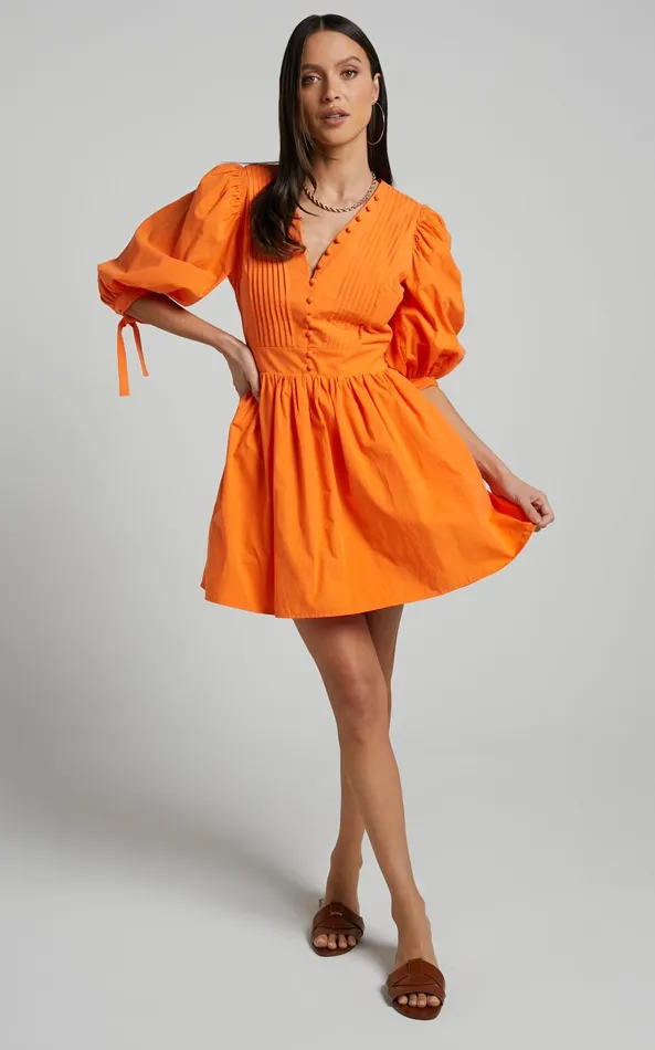 Showpo Zandra Mini Dress 8211 Puff Sleeve Poplin Dress In Orange Women Curve Clothes
