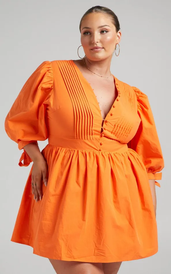 Showpo Zandra Mini Dress 8211 Puff Sleeve Poplin Dress In Orange Women Curve Clothes