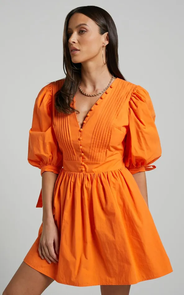 Showpo Zandra Mini Dress 8211 Puff Sleeve Poplin Dress In Orange Women Curve Clothes