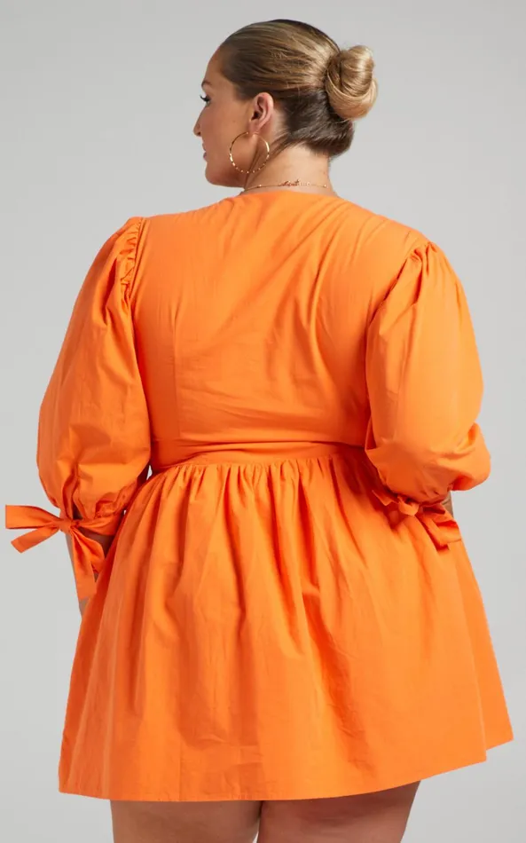 Showpo Zandra Mini Dress 8211 Puff Sleeve Poplin Dress In Orange Women Curve Clothes
