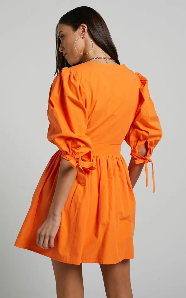 Showpo Zandra Mini Dress 8211 Puff Sleeve Poplin Dress In Orange Women Curve Clothes