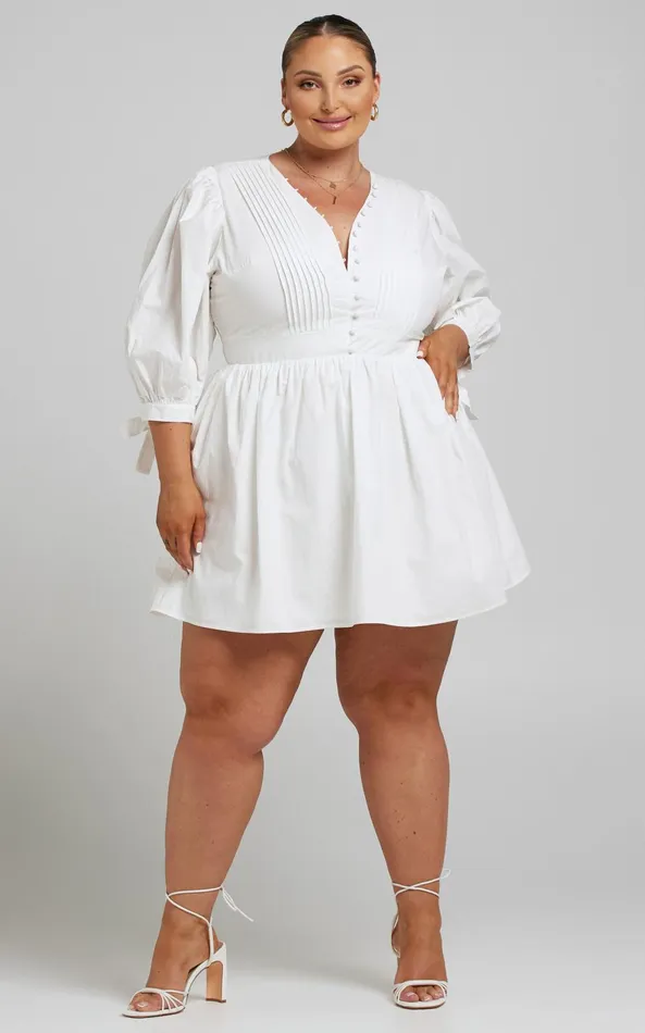 Showpo Zandra Mini Dress 8211 Puff Sleeve Poplin Dress In White Women Curve Clothes