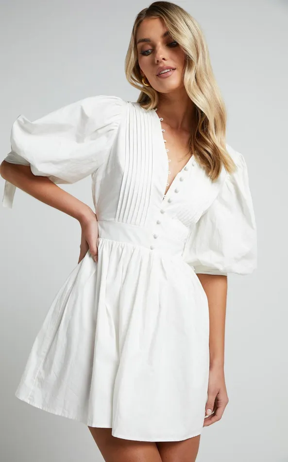 Showpo Zandra Mini Dress 8211 Puff Sleeve Poplin Dress In White Women Curve Clothes