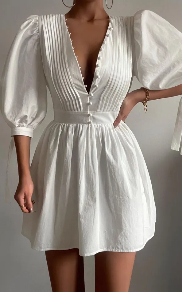 Showpo Zandra Mini Dress 8211 Puff Sleeve Poplin Dress In White Women Curve Clothes