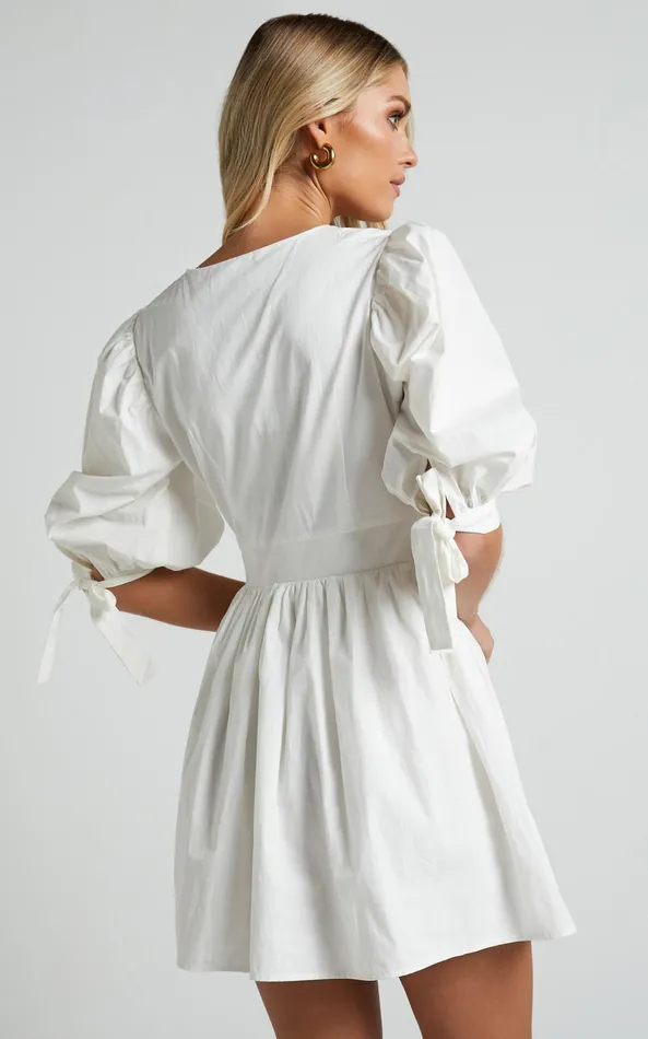 Showpo Zandra Mini Dress 8211 Puff Sleeve Poplin Dress In White Women Curve Clothes