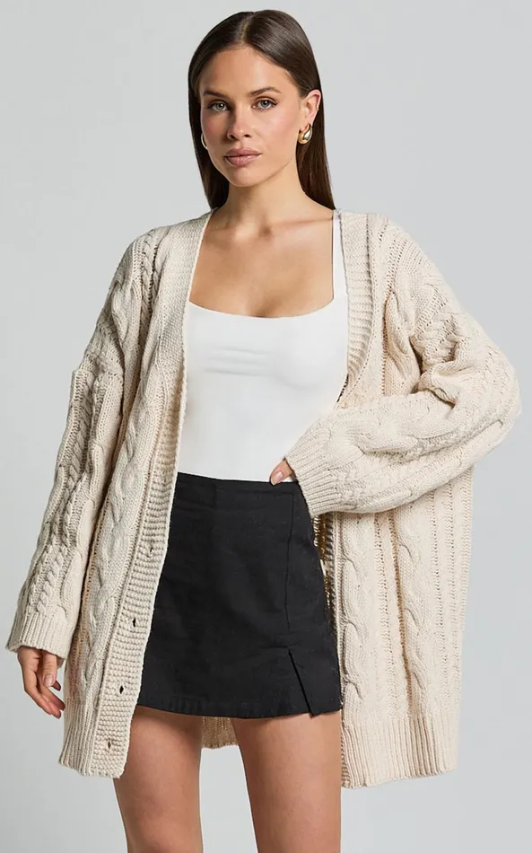 Showpo Zane Cardigan 8211 Longline Cable Knit Oversized Cardigan In Cream Women Knitwear
