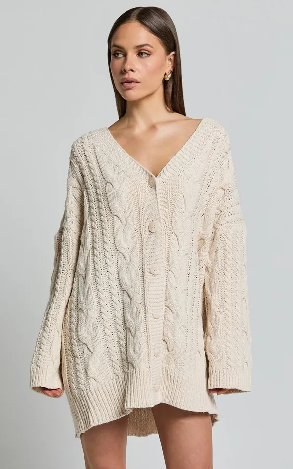 Showpo Zane Cardigan 8211 Longline Cable Knit Oversized Cardigan In Cream Women Knitwear