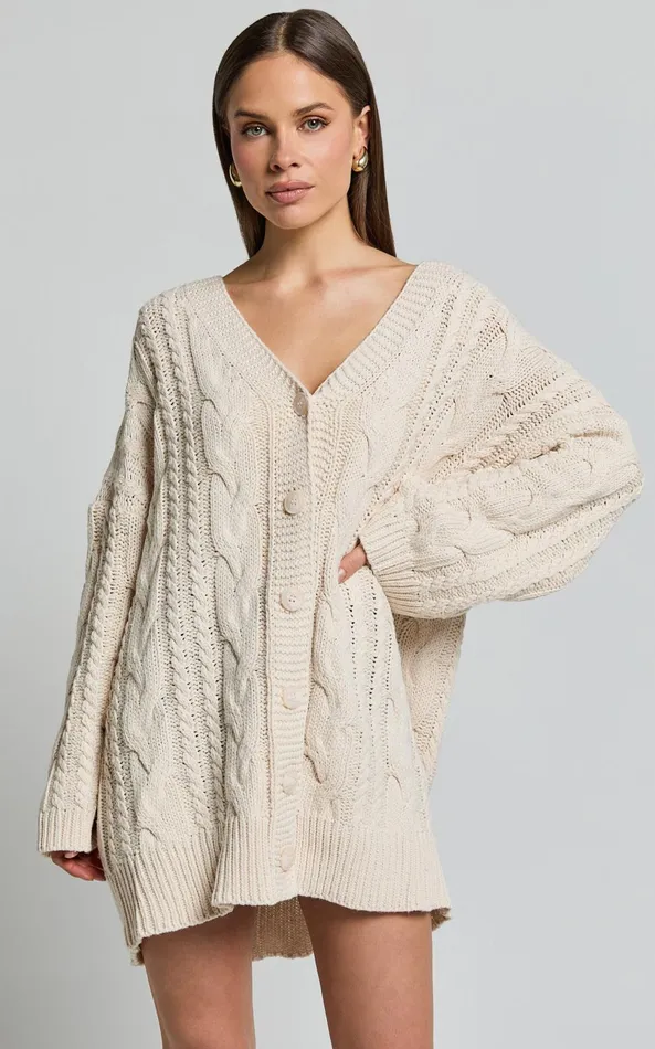 Showpo Zane Cardigan 8211 Longline Cable Knit Oversized Cardigan In Cream Women Knitwear