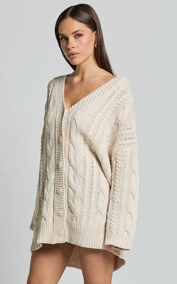 Showpo Zane Cardigan 8211 Longline Cable Knit Oversized Cardigan In Cream Women Knitwear