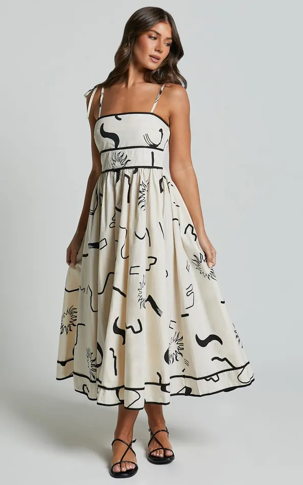Showpo Zane Midi Dress 8211 Sleeveless Tie Straps A Line Dress In Black And White Print Women Dresses