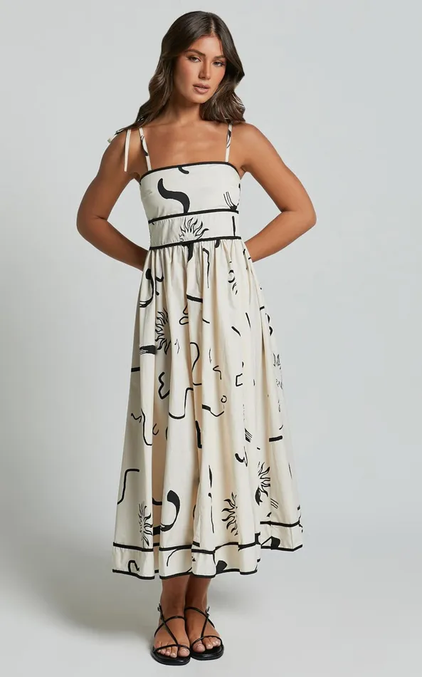 Showpo Zane Midi Dress 8211 Sleeveless Tie Straps A Line Dress In Black And White Print Women Dresses