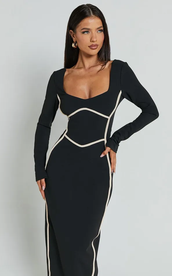Showpo Zareena Midi Dress 8211 Straight Neck Long Sleeve Slip Dress In Black Women Dresses