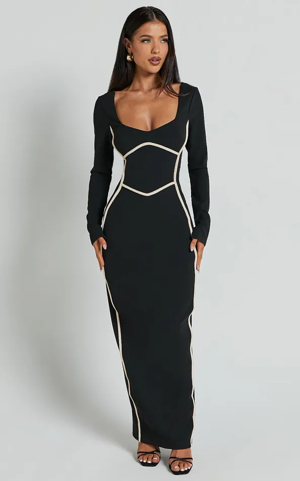 Showpo Zareena Midi Dress 8211 Straight Neck Long Sleeve Slip Dress In Black Women Dresses