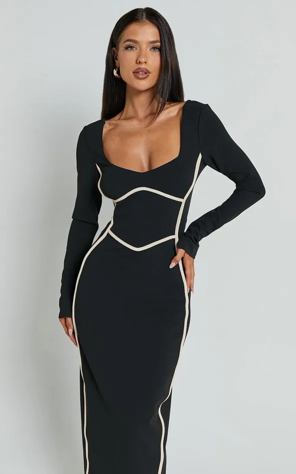 Showpo Zareena Midi Dress 8211 Straight Neck Long Sleeve Slip Dress In Black Women Dresses