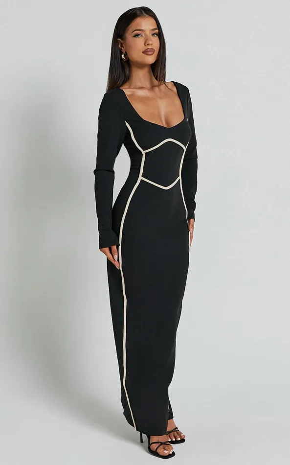 Showpo Zareena Midi Dress 8211 Straight Neck Long Sleeve Slip Dress In Black Women Dresses