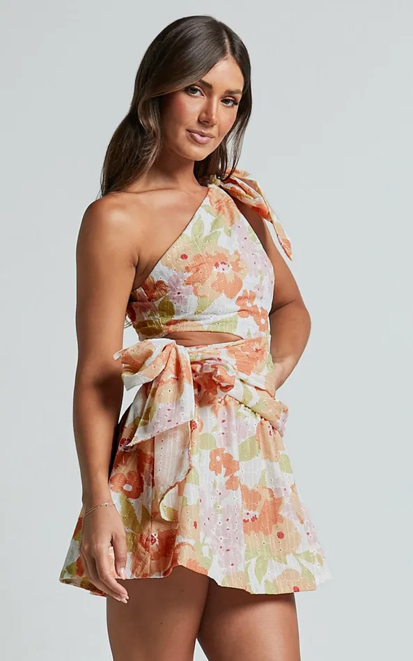 Showpo Zaria Mini Dress 8211 Asymmetric Cut Out Tie Waist Dress In Orange Floral Women Dresses