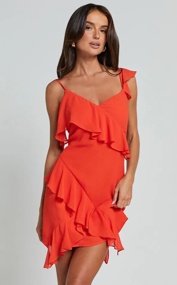 Showpo Zaria Mini Dress 8211 Asymmetric Frill Detail Mini Dress In Orange Women Dresses